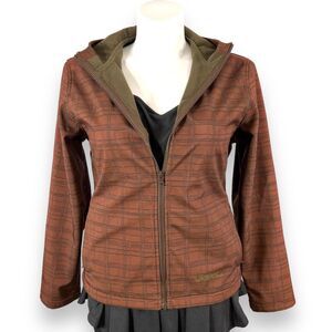 Gander Mountain Womens Soft Shell Jacket Plaid Hooded Fleece Lined Brown Large
